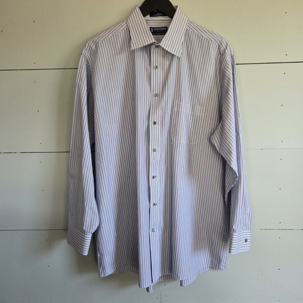 Stafford Fitted Burgundy Blue Striped Cotton Blend Dress Shirt 17.5 34/35